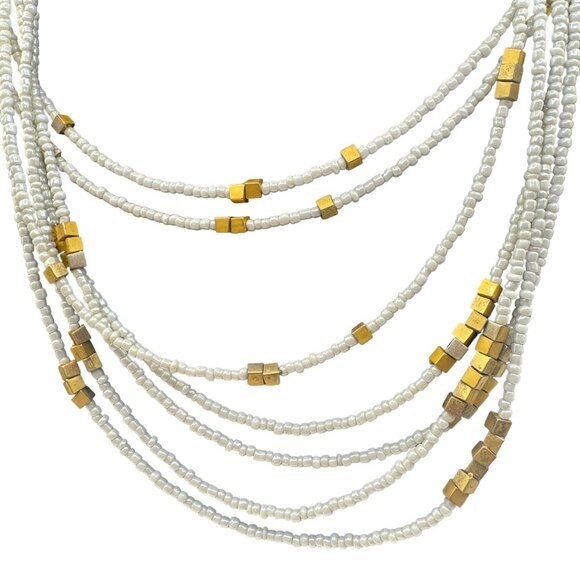 Multi-Strand White & Gold Beaded Necklace With Chain Closure - Picture 2 of 5